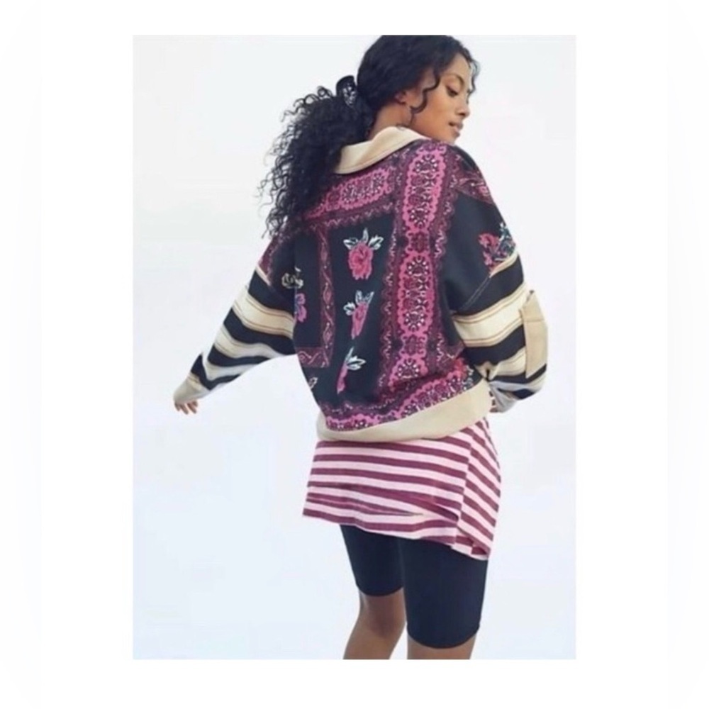 Free People Movement Floral Striped Overlapped Cropped Sweatshirt Size L
